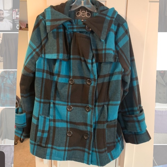 Vintage Deb Turquoise Plaid Pea Coat size 1x - missing belt - Picture 2 of 14